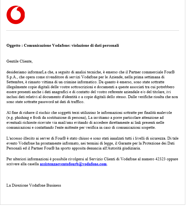 Vodafone Italy Alerts Customers After Reseller Hacked 40 Breach Notification by Vodafone