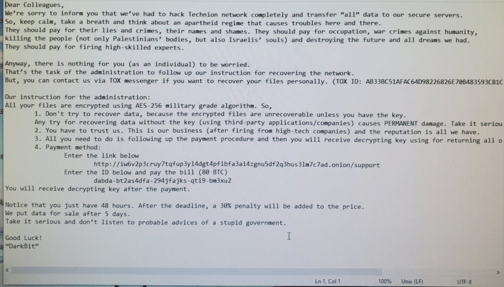 State-sponsored Actor Behind Israel's Technion University Cyberattack: Researcher 39 DarkBit