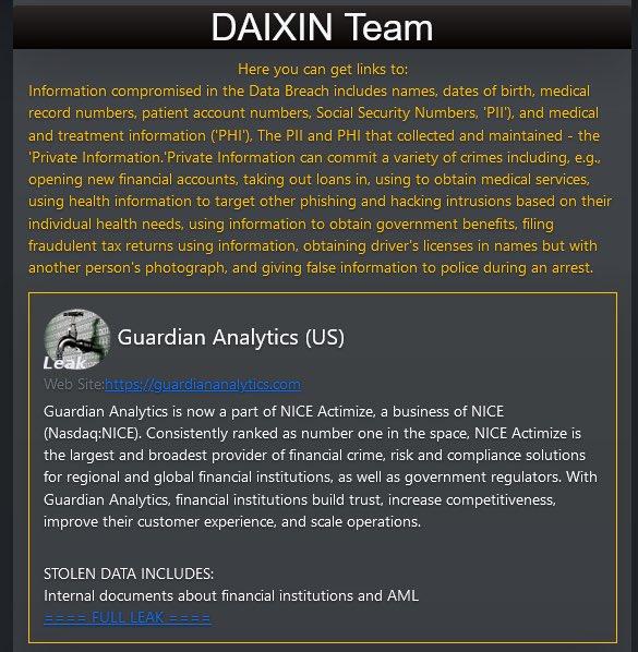 Guardian Analytics Data Leak: Ransomware Groups Daixin Team and Lockbit List Firm as Victim 41 Guardian Analytics Data Leak