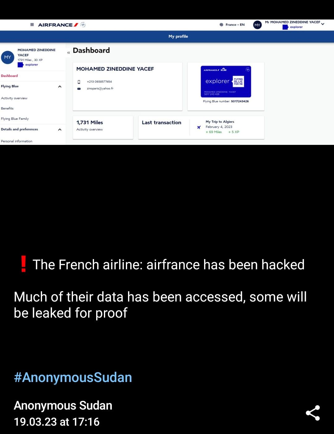 Anonymous Sudan Claims to Sell Stolen Data from the Air France Cyber attack for $3,000 42 Air France Cyber Attack