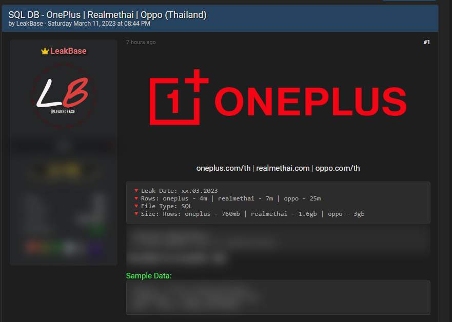 OnePlus-Oppo and Realme Data Breach: LeakBase Publishes SQL Database of Thailand Users 39 One Plus-Oppo and Realme Data Breach