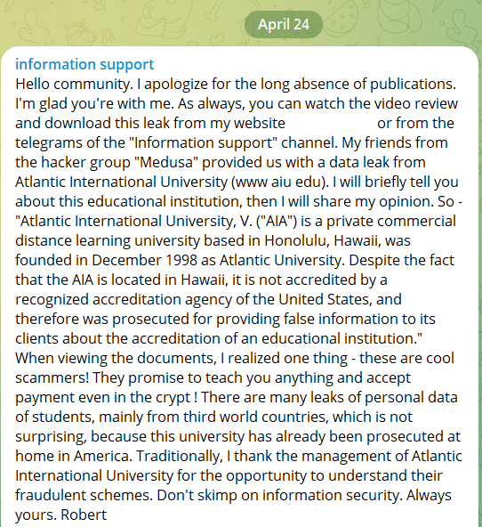 Atlantic International University cyber attack