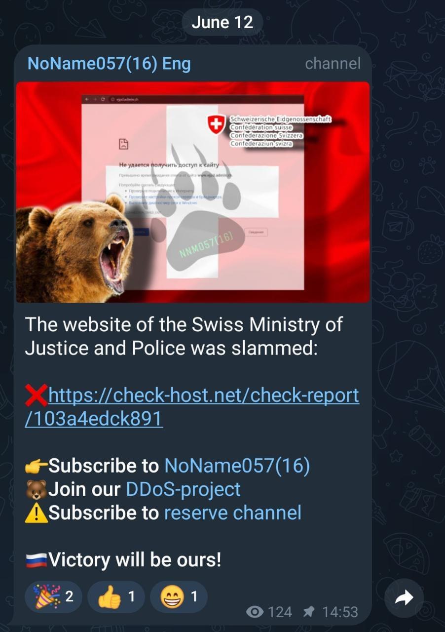 Cyber Attack on Switzerland Continues, NoName Claims Justice Department Website 40 Noname hackers