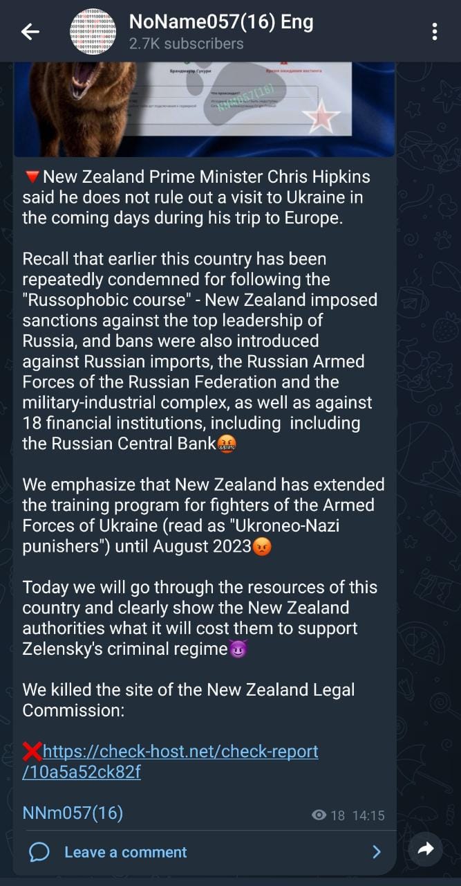 Parliament of New Zealand Cyber Attack By NoName in Response to Sanctions Against Russia 41 Parliament of New Zealand Cyber Attack