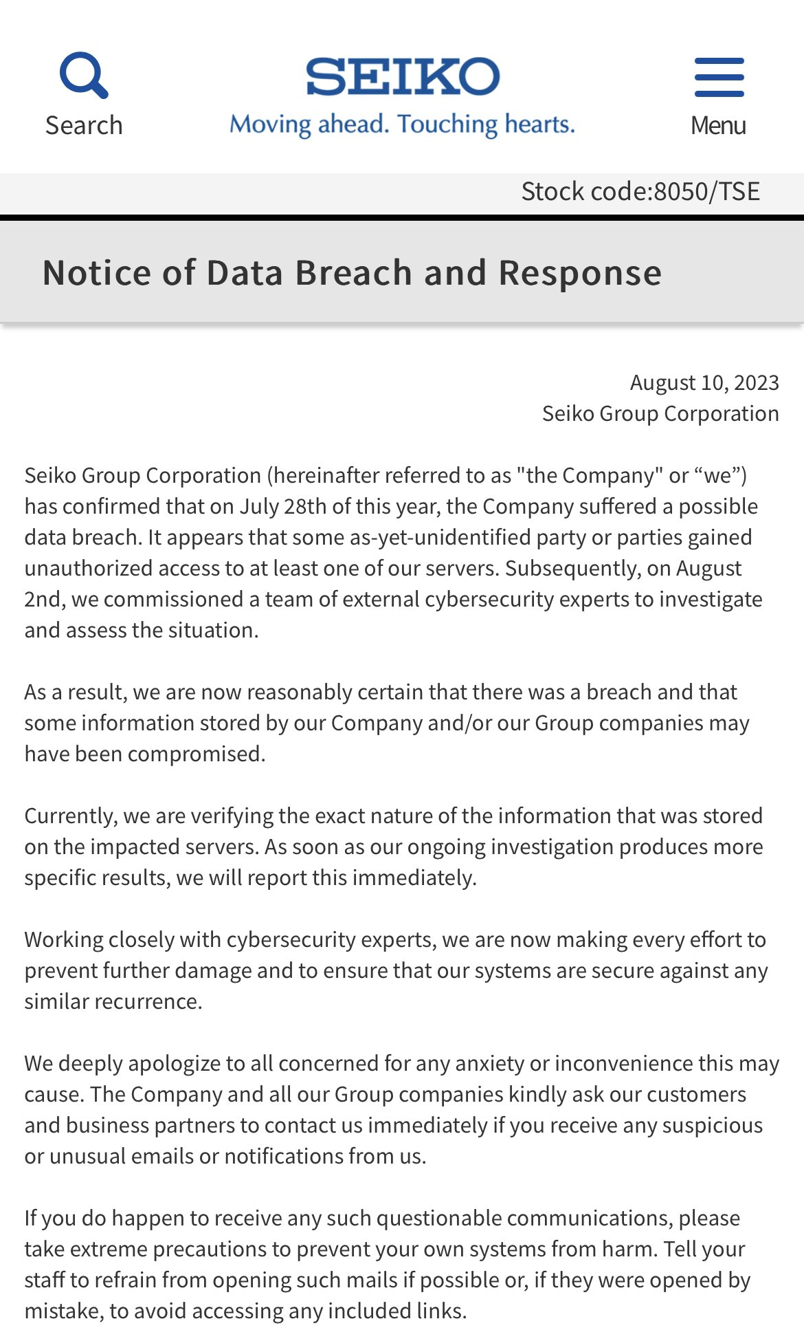 Japanese Giant SEIKO Discloses Data Breach, ALPHV Ransomware Claims Hit 45 Seiko data breach