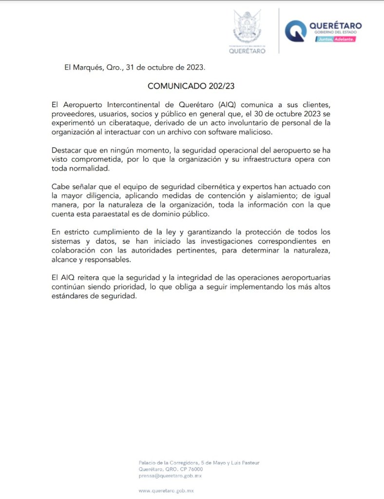 Queretaro Intercontinental Airport Confirms Cyberattack; Assures Normal Operations 39 Queretaro Intercontinental Airport cyberattack