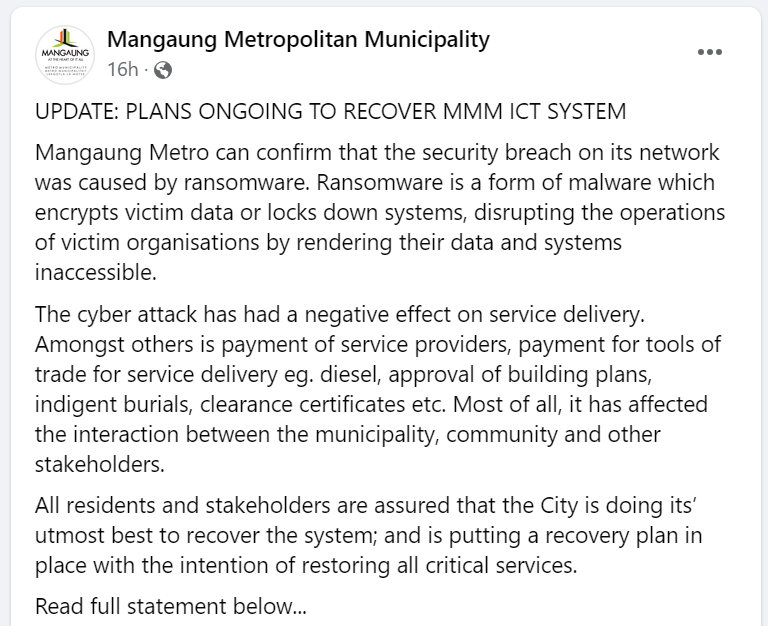 Mangaung Metro Cyberattack: Ransomware Disruption Hits Key Municipal Services 40 Mangaung Metro cyberattack