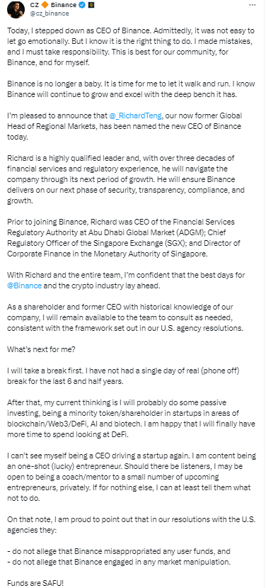 Largest Crypto Exchange Binance Fined $4B, CEO Zhao Pleads Guilty to Money Laundering Lapse 39 Changpeng Zhao's Resignation