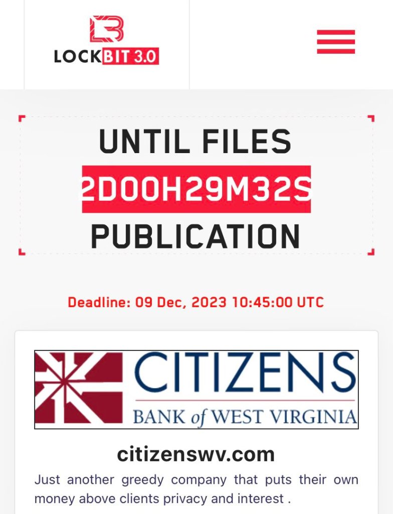 Citizens Bank of West Virginia Hit by LockBit Cyberattack, Deadline Looms 39 Citizens Bank of West Virginia Cyberattack