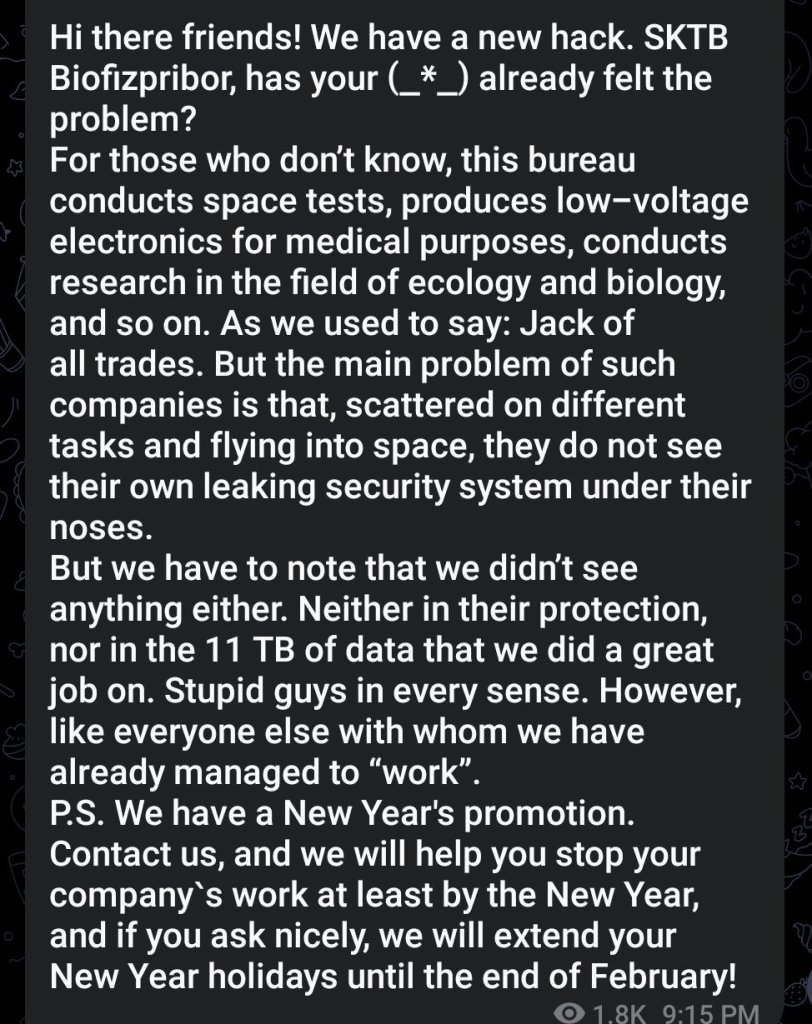 Pro-Ukraine Group Claims Successful Cyberattack on Russian Research Organization 39 SKTB Biofizpribor Data Breach