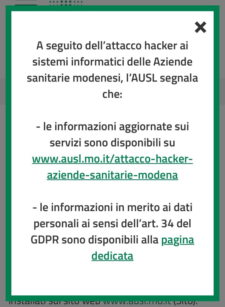 Italian Health Service Targeted: Hunters International Claims Cyber Breach 39 L’Azienda USL di Modena data breach