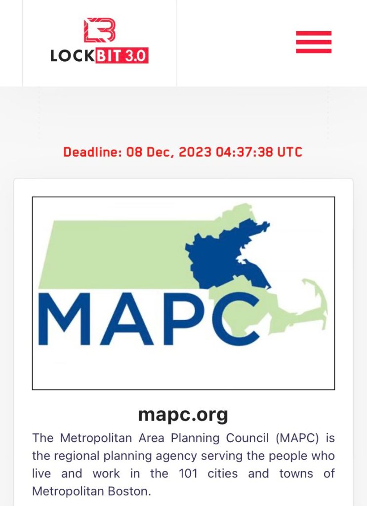 LockBit Claims Cyberattack on Metropolitan Area Planning Council, Sets December 8 Deadline 39 MAPC Cyberattack