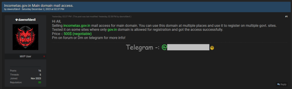 India's Income Tax Department Data Breach: Threat Actor Sets Price for Access 39 Income Tax Department of India