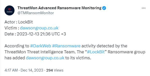 LockBit Expands its Roster of Victims: Dawsongroup Allegedly Targeted 39 dawsongroup cyberattack