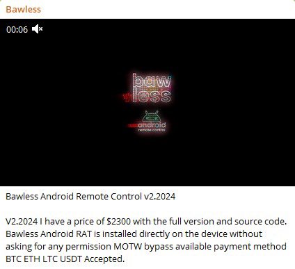 New Android RAT with Line Crypter Up for Sale on Telegram: Privacy at Risk 39 Bawless Service