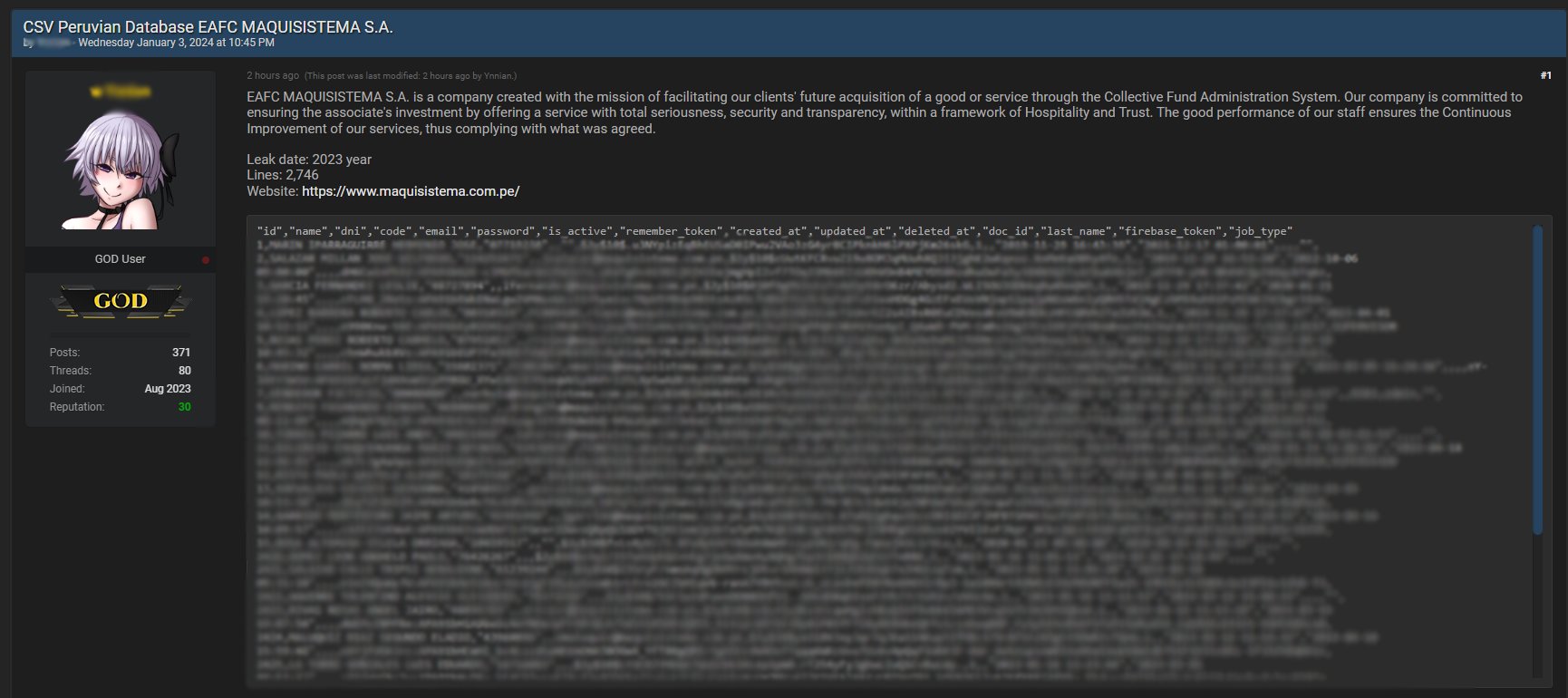 Security Breach Allegedly Exposes Peru-Based Maquisistema's Data on Dark Web 39 Maquisistema data leak