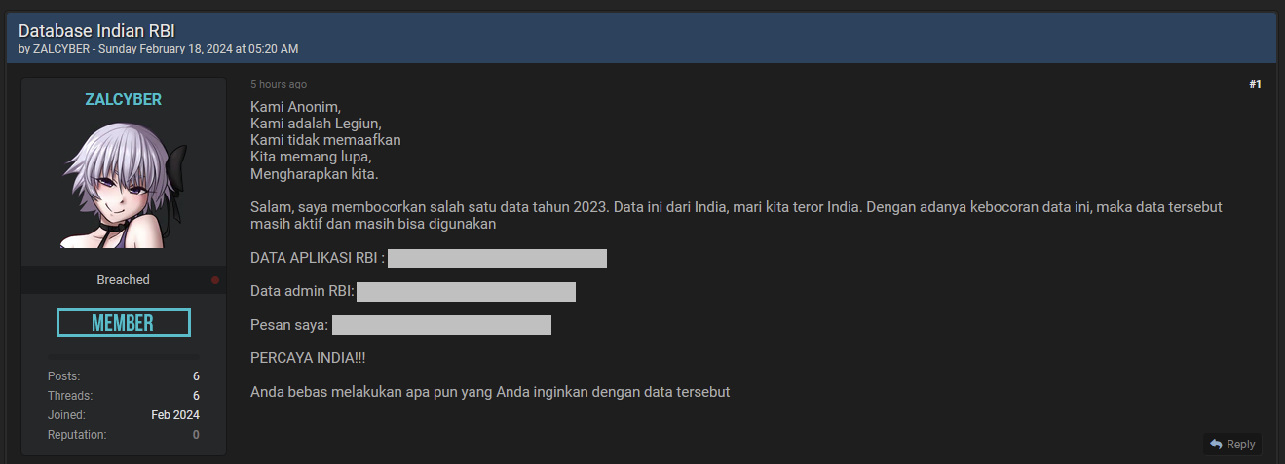 Rural Business Incubator Targeted: Alleged RBI Data Breach Claims Emerge on Dark Web 43 RBI Data Breach