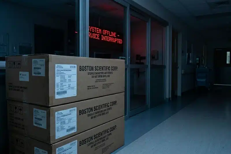 Boston Scientific Cyberattack Disrupts Order Processing, Shipping Worldwide 1 Boston Scientific Cyberattack, Unopened medical device shipping cartons in a hospital corridor illustrating the Boston Scientific cyberattack disruption to order processing and delivery.