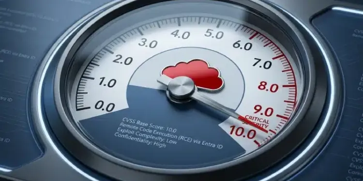 Microsoft Says CVSS 10.0 Entra ID Code Execution Flaw Was Exploited Before Server-Side Fix 37 Severity gauge at CVSS 10.0 beside a cloud icon, representing the maximum-severity Entra ID remote code execution flaw.