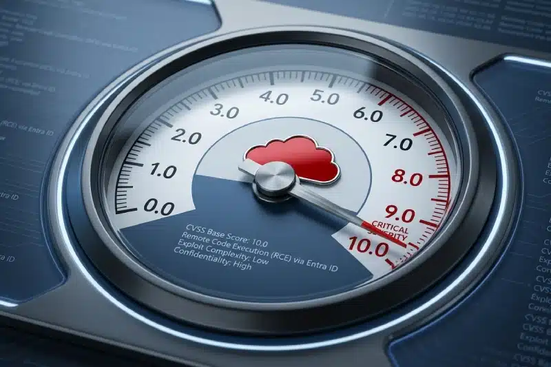 Microsoft Says CVSS 10.0 Entra ID Code Execution Flaw Was Exploited Before Server-Side Fix 3 Severity gauge at CVSS 10.0 beside a cloud icon, representing the maximum-severity Entra ID remote code execution flaw.