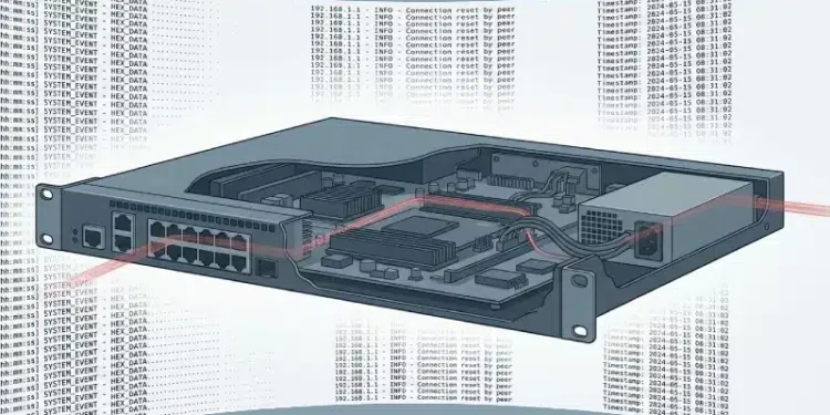 Cross-section illustration of a network router with a covert red tunnel passing through it and log entries fading to blank, representing Fire Ant espionage on Cisco IOS XR routers and TACACS servers.