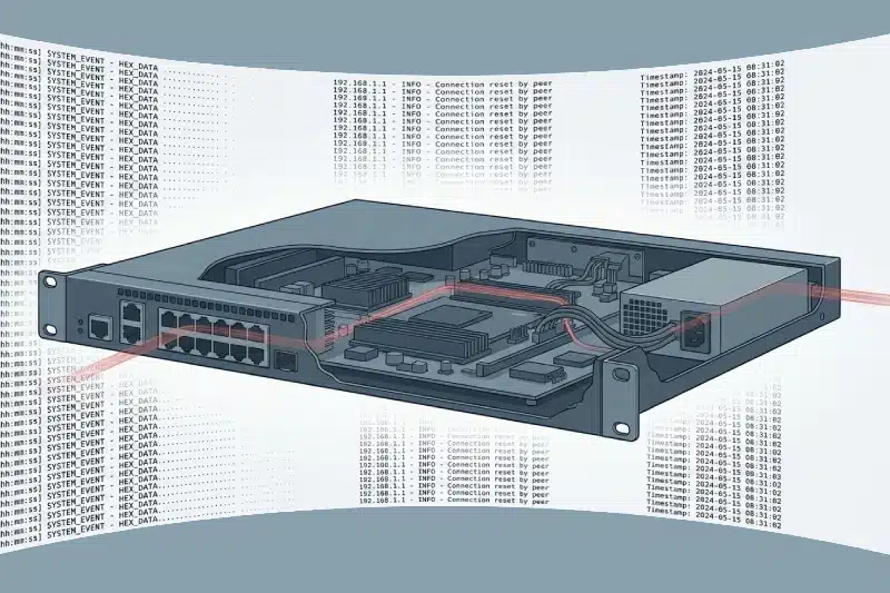 China-Linked Fire Ant Turned Cisco Routers, TACACS Servers Into Espionage Platforms 39 Cross-section illustration of a network router with a covert red tunnel passing through it and log entries fading to blank, representing Fire Ant espionage on Cisco IOS XR routers and TACACS servers.