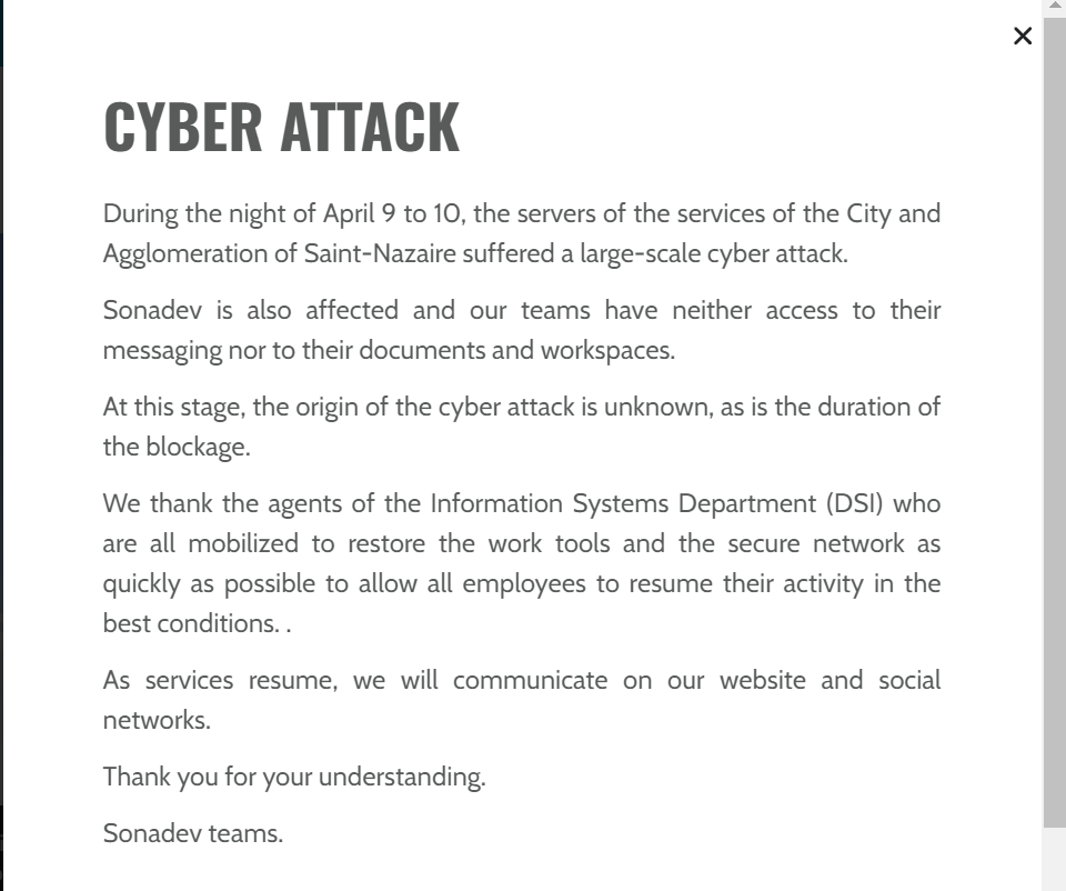 Shared Servers Crippled: French Municipal Governments Face Service Outages After Cyberattack 43 Cyberattack on Sonadev