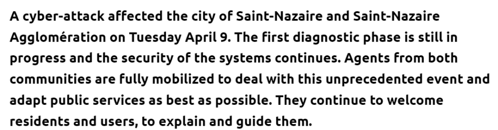 Shared Servers Crippled: French Municipal Governments Face Service Outages After Cyberattack 41 Cyberattack on city of Saint-Nazaire