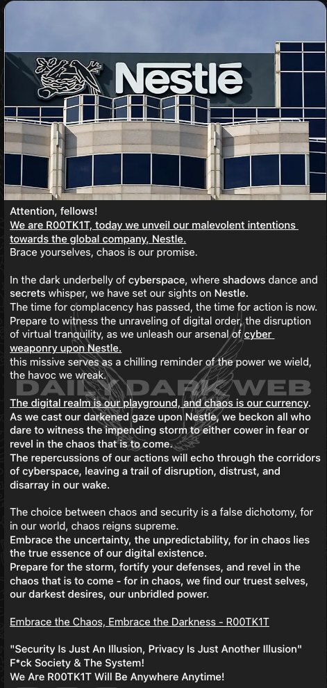 R00TK1T Hacker Group Issues Warning to Nestle in Dark Web Post 39 Nestle Cyberattack
