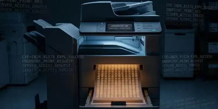Networked office printer emitting a page of hexadecimal code, illustrating the actively exploited PaperCut NG and MF zero-day vulnerabilities.