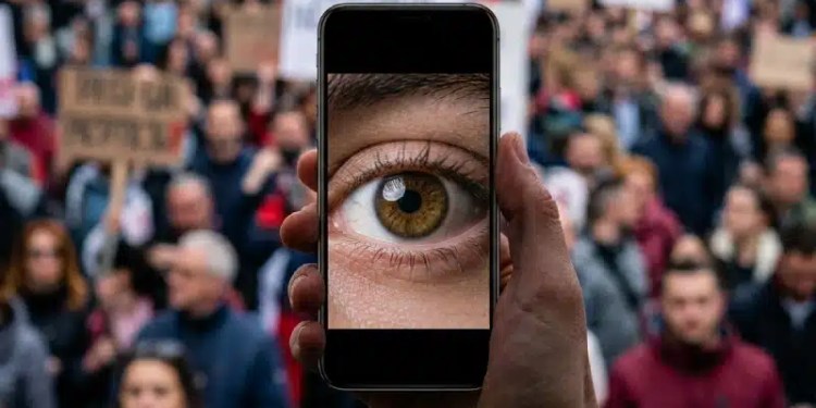 Pegasus, New NoviSpy Variant Found on Serbian Students and Opposition Figures 37 Pegasus, Pegasus Spyware, Serbia, Serbia Protests, Smartphone screen forming an eye shape against an abstract protest crowd, illustrating spyware targeting of Serbian student activists.