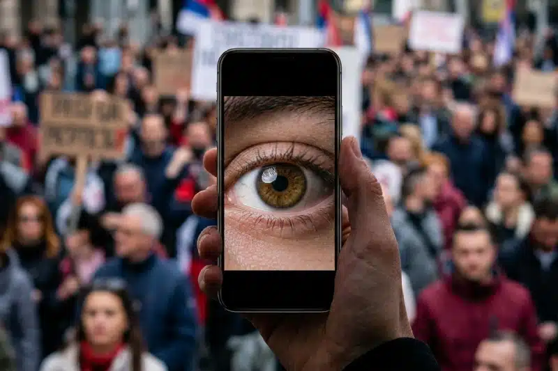 Pegasus, New NoviSpy Variant Found on Serbian Students and Opposition Figures 3 Pegasus, Pegasus Spyware, Serbia, Serbia Protests, Smartphone screen forming an eye shape against an abstract protest crowd, illustrating spyware targeting of Serbian student activists.