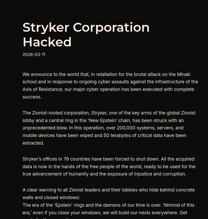 Stryker Cyberattack, Stryker, Handala, Hacking