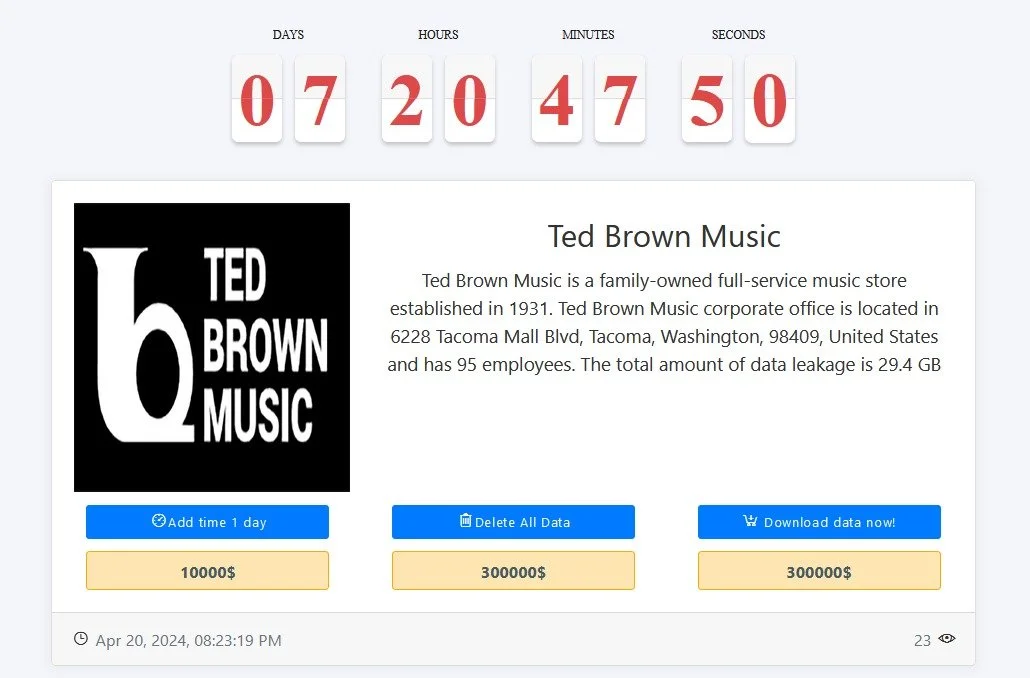 Family-Owned Music Store Targeted: MEDUSA Ransomware Strikes Ted Brown Music 39 Ted Brown Music Cyberattack