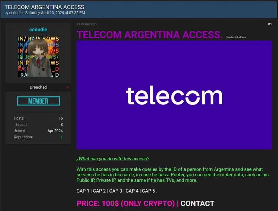 Alleged Telecom Argentina Data Access Offered for $100 on Dark Web 40 Telecom Argentina Access Sale